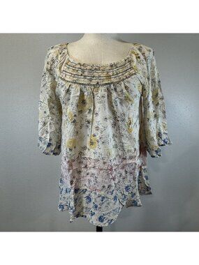 Democracy Smocked Peasant Blouse Womens Sz M Boho Floral Top Lightweight Ruffle